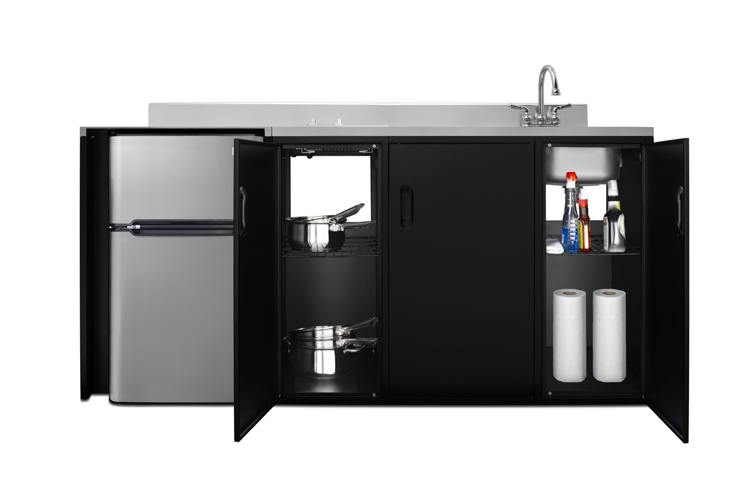 72 inch wide, ADA counter height all-in-one kitchenette in black with a 2-burner 115V smooth top cooktop, 2-door refrigerator-freezer, sink, and three storage cabinets
